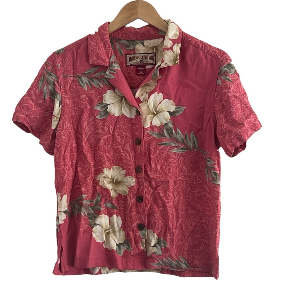 Caribbean Joe | Pink rayon button front short sleeve botanical Hawaiian shirt